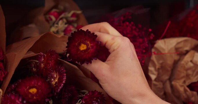 Woman's hand grabbing dark red flowers from bouquet on a flower store