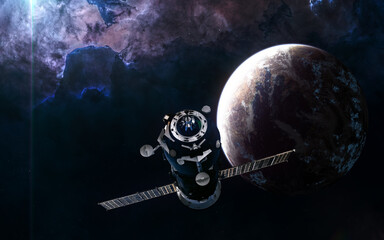 Space station in front of planet in deep space. Science fiction. Elements of this image furnished...