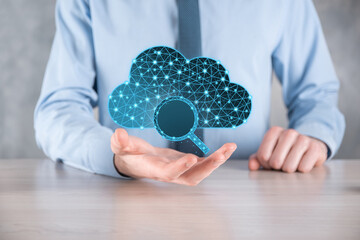 Cloud technology. Polygonal wireframe cloud storage sign with search magnifier icon on dark blue....
