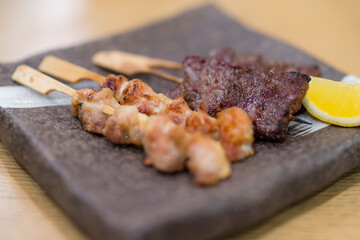 Japanese style skewers in restaurant