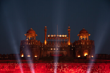 Night view of Red Fort, a UNESCO world heritage site,is a historic fort in the city of Delhi in India. It was the main residence of the emperors of the Mughal - obrazy, fototapety, plakaty