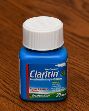 A bottle of Claritin tablets for allergy relief