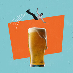 Contemporary art collage. Man jumping into giant glass of lager foamy beer isolated over blue and orange background. Concept of taste, alcoholic drinks