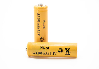 AA size batteries isolated on white background,Ni-Cd betteris 1.2v, selective focus