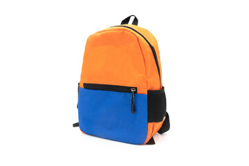 Fototapeta A beautiful blue-orange student bag isolated on a white background obraz