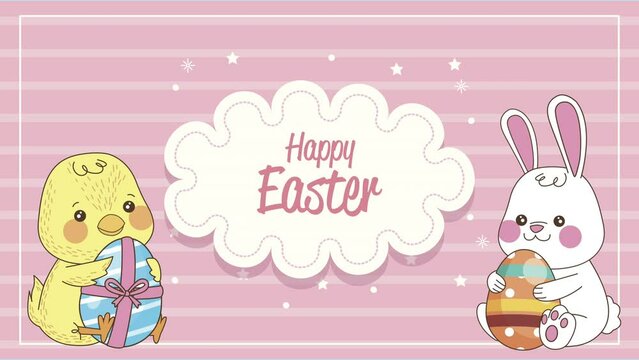 happy easter lettering with rabbits and eggs