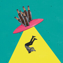 Contemporary art collage. Man fallling downfrom UFO with many beer bottles on it isolated over...