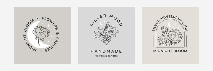 Collection of Premade Hand Drawn Logo with lily, peonies, roses, moon and stars. Trendy mystic logo design, midnight garden. Floral element, moon and stars