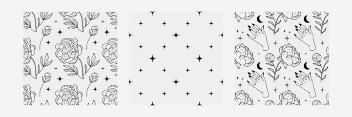 Set of seamless floral patterns in line art style, pattern of peonies and stars, geometric pattern of stars, pattern of peonies, stars, moon and hand. Trendy celestial and mystic collection