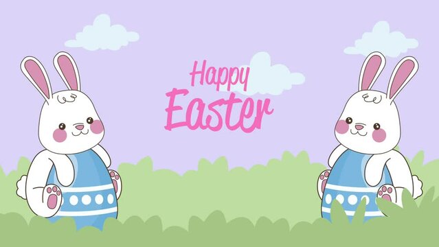happy easter lettering with rabbits and eggs in camp
