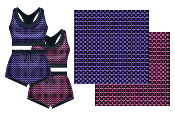 Sports women top shirt and shorts seamless geometric pattern template isolated white background