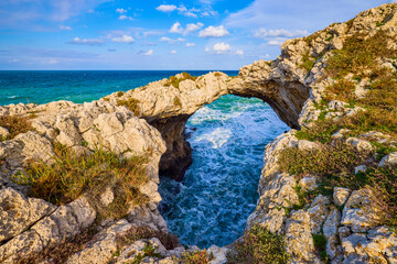 Beautiful landscape with a rocky sea shore on a sunny day