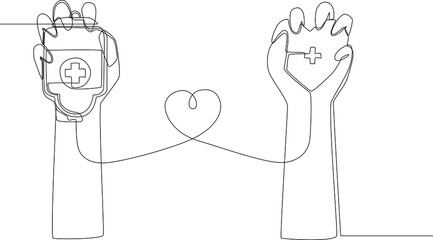Single continuous line drawing The right hand holds the blood transfusion bag to the left hand holds the heart.  One line draw graphic design vector illustration.