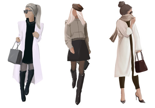 set of women in coats, fashionable girls in outerwear in spring walk around the city, vector