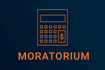 moratorium  text. Calculator symbolizes economy. moratorium  logo on dark background. Illustration moratorium . Financial screensaver. Minimalist orange calculator - obrazy, fototapety, plakaty