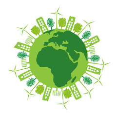 Concept of planet earth with green city, green trees and renewable energy sources. Ecology concept, environment conservation. Earth day. Think green.
