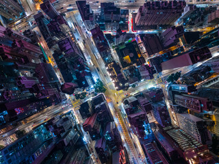 Top down view of Hong Kong city at night - obrazy, fototapety, plakaty