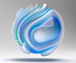 3d render of abstract art of surreal flying 3d alien ball or sphere in curve wavy spiral round organic smooth and soft lines forms in matte white plastic material with blue transparent glass parts 