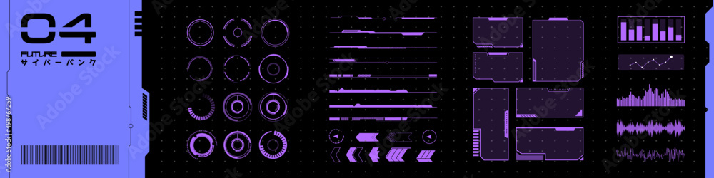 Poster collection pack of vr hud elements. set of interface objects in cyberpunk style. futuristic design f