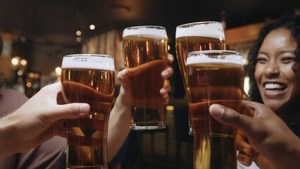 Multi-ethnic group of friends clinking glasses of beer at a restaurant. - Powered by Adobe