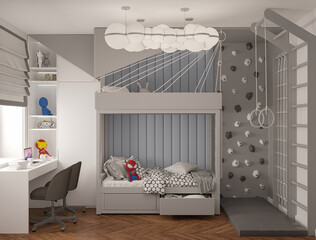 children's room with a bunk bed, work area, sports area, stairs. 3d render