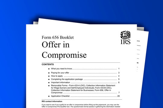 Form 656-B documentation published IRS USA 04.25.2021. American tax document on colored