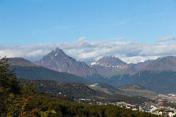 A view from panorama to th harbor and mountains of Ushuaia city