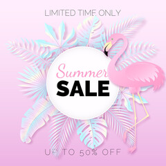 Poster with foil tropical leaves and flamingo