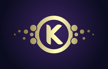 Dots Letter K Logo in Gold and Purple Gradient. Alphabet Dotted Icon Vector Design, EPS10.
