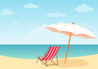 Fototapeta na wymiar Vector background of sea shore. Good sunny day. Deck chair and beach umbrella on the sand coast.