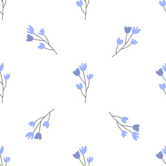 Floral seamless vector pattern with flowers. Spring flora. Simple hand-drawn kids style. Pretty ditsy for fabric, textile, wallpaper. Digital paper in white background