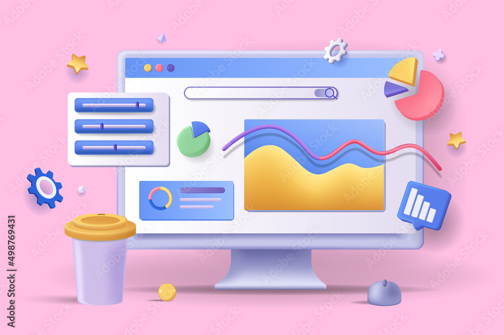 Aufkleber Online marketing concept 3D illustration. Icon composition with statistics and data analysis at computer screen. Development of success promotion strategy. Vector illustration for modern web design