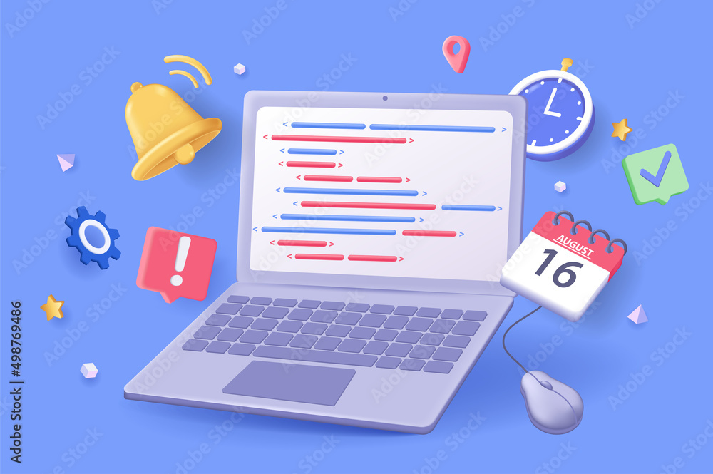 Poster Programming concept 3D illustration. Icon composition with code at laptop screen and other. Creation, development and testing of programs and software. Vector illustration for modern web design