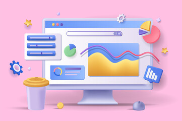 Naklejka premium Online marketing concept 3D illustration. Icon composition with statistics and data analysis at computer screen. Development of success promotion strategy. Vector illustration for modern web design