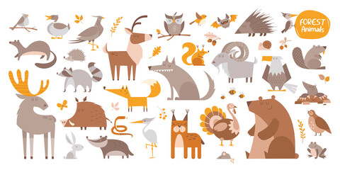 Obraz na płótnie Canvas Big cartoon set of funny wild forest animals and birds.