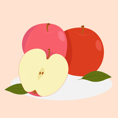 Three red apples with leaves and an apple in a cut. Vector illustration.