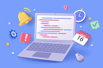 Programming concept 3D illustration. Icon composition with code at laptop screen and other. Creation, development and testing of programs and software. Vector illustration for modern web design