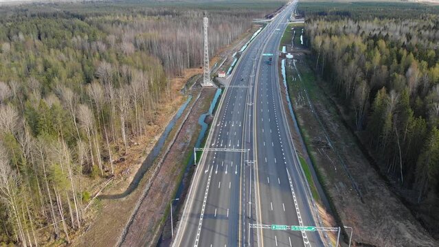 Aerial view of Moscow - Saint Petersburg motorway toll road, Russian federal highway in the European part of Russia, parallel to the M10 highway, from the federal cities of Moscow to St. Petersburg. 