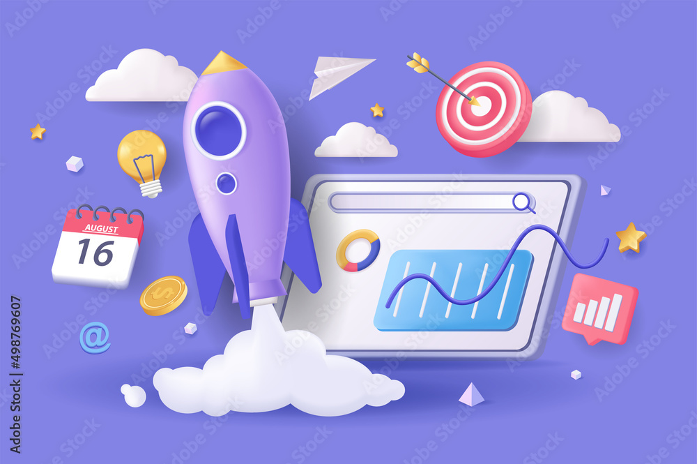 Aufkleber Startup concept 3D illustration. Icon composition with data statistics at dashboard, flying rocket, target and calendar. Brainstorm and develop business. Vector illustration for modern web design