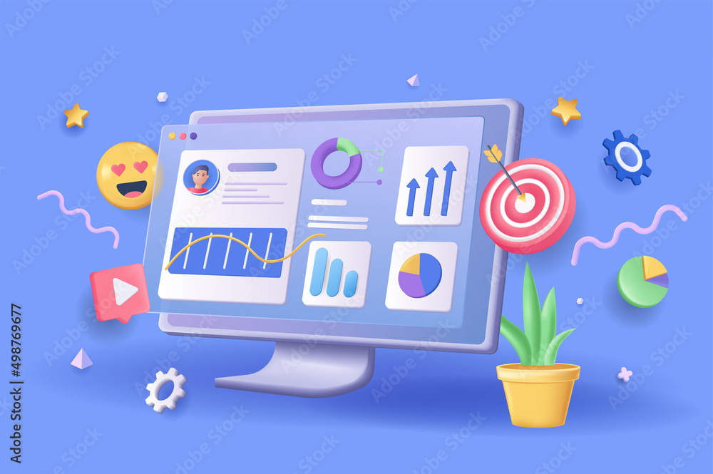 Aufkleber Web analysis concept 3D illustration. Icon composition with data graph and charts, target and other. Business analytics, marketing research and optimization. Vector illustration for modern web design