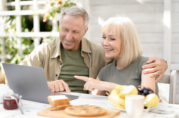 Obraz na płótnie Canvas Modern retirement lifestyle concept. Happy senior couple using laptop and browsing internet, sitting outdoors