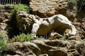Ancient lion statue in Antica Monterano, Canale Monterano, Rome, Lazio, Italy