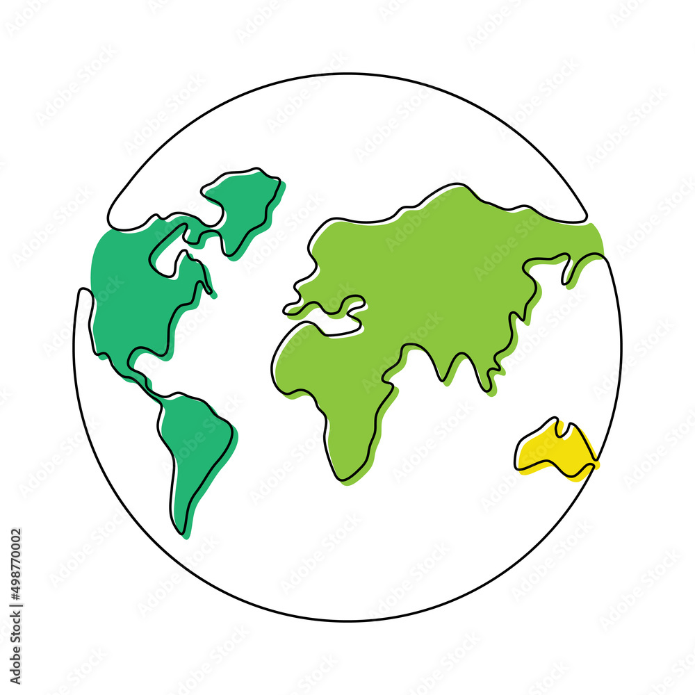 Poster world map one line art. continuous earth line drawing symbol with color continents. vector illustrat
