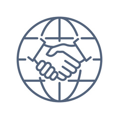 Handshake and globe line icon. International deal contract concept. World partnership linear symbol. Vector isolated on white. - obrazy, fototapety, plakaty