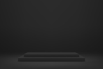 Dark square podium for presentations on an abstract dark background