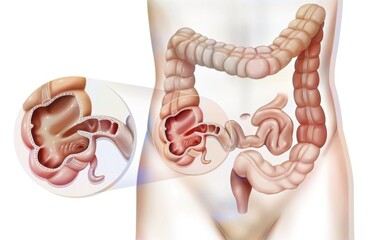 Colon (large intestine) with a zoom on the cecum. - obrazy, fototapety, plakaty