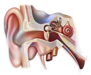 Anatomy of the inner ear showing the eardrum the cochlea. - obrazy, fototapety, plakaty