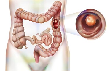 Digestive system: the colon with a colonic polyp. - obrazy, fototapety, plakaty
