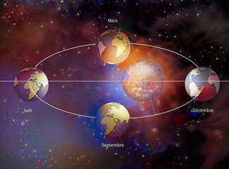 Positions of the Earth around the sun indicating the seasons.