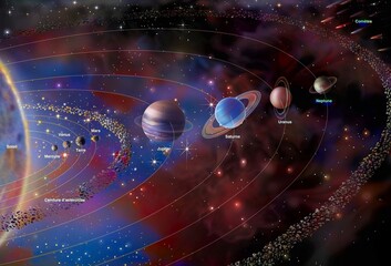 Solar system with the sun and planets: Mercury Venus Earth. © RFBSIP